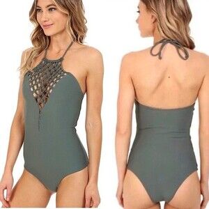 MIKOH Avalon Macrame Crochet Halter One Piece Swimsuit Bikini Bathing Suit Green